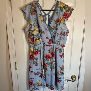 Wrapper mini blue white stripped‎ floral v neck dress